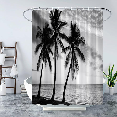 Tropical Palm Tree Ocean Beach Shower Curtain Black and White Sea Summer Coastal Island Hawaii Nature Fabric Bath