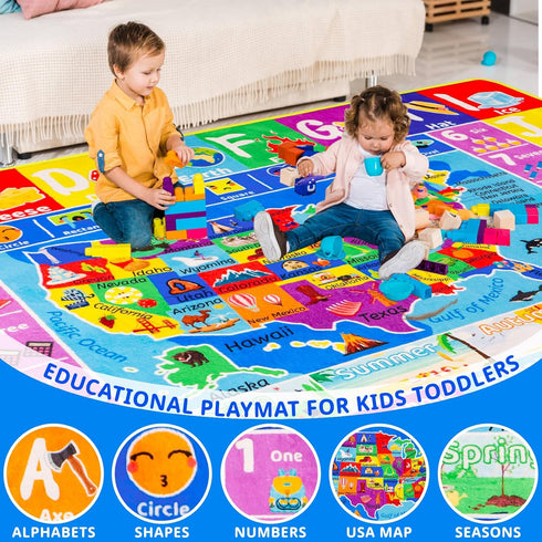 59"39.4" USA Map ABC Kid Rug for Playroom Geography Classroom Play Rug Educational Baby Playmat Alphabet Mat State
