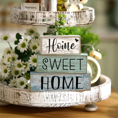 Moucuny 4 Pcs Wooden Farmhouse Table Decor Rustic Home Sweet Home Stacked Blocks Decoration Farmhouse Tiered Tray Decor