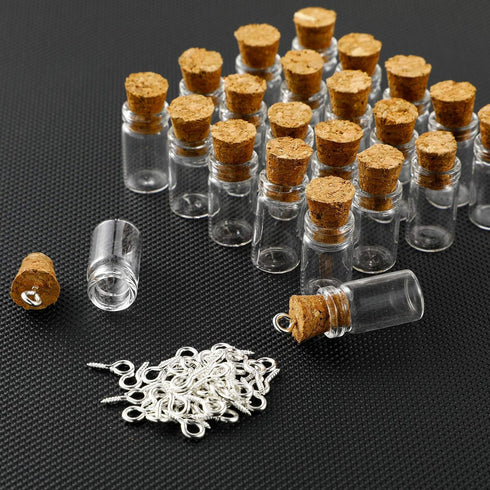 Yungyan 50 Pieces Small Mini Glass Bottles with Cork Stoppers Set, Tiny Cork Bottles with Eye Screws & Funnel for DIY