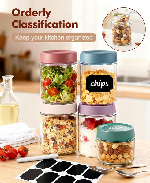 6 pack 10 oz Overnight Oats Containers with Lids and Spoons Glass Jars with Airtight Lids: Wide Mouth Mason Salad Jars