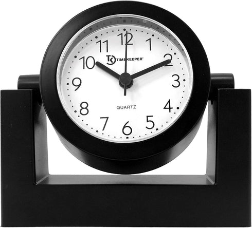 Timekeeper Small Desktop Swivel Clock - Battery Operated, 6.75" Wide x 2" Tall, Black Frame White Face