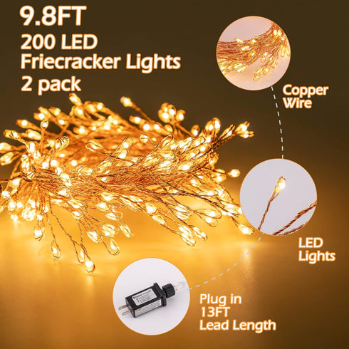 2Pcs 10Ft 200LED Fairy Lights Plug in, Copper Wire Firecracker Firefly Lights Waterproof Cluster String Lights