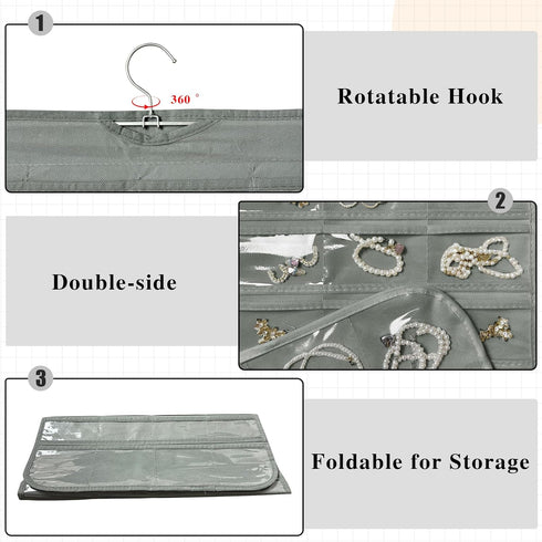 1-Pack Hanging Jewelry Organizer, 80-Pocket Dual-Sided Storage for Earring, Necklace, Bracelet, Ring Travel Holder, Gray