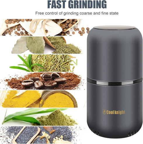 COOL KNIGHT Electric Herb Grinder, Large Capacity Spice and Coffee Grinder with Pollen Catcher, 7.5" Grey