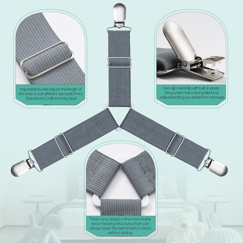 Bed Sheet Straps, Adjustable Fitted Sheet Clips, Easy to Install Fasteners, Say Goodbye to Messy Sheets (Gray-4 Pcs)