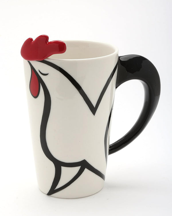 20764 Fine Porcelain White and Black Rooster Mug with Red Crown and Spoon, 5 1/8"H