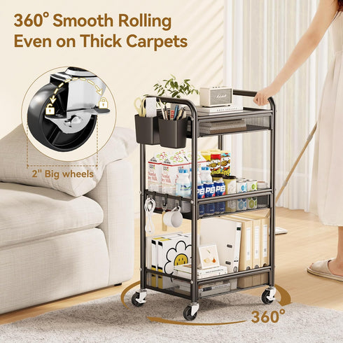 3 YASONIC Tier Rolling Cart Metal Utility Storage Carts with Wheels, Craft Cart Organizer with Hanging Cups, Hooks