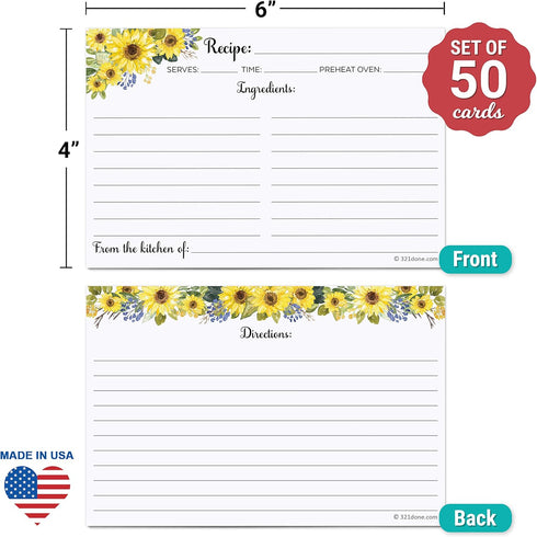 321Done Sunflower Recipe Cards (Set of 50) 4" x 6" - Double-Sided for Weddings, Bridal, Baby Shower - Made in USA