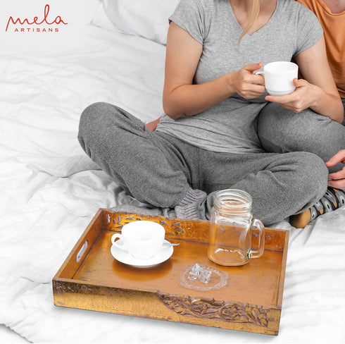 16 12 2.5 Coffee Table Tray (Distressed Gold) - Flourish Wood Serving Tray w/Handles for Breakfast in Bed - Mango Wood