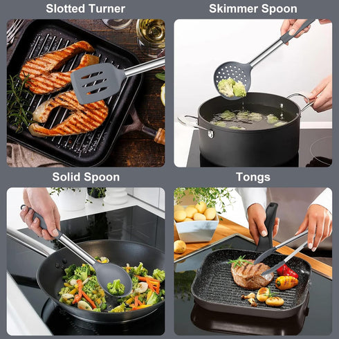 E-far 7 Pcs Silicone Cooking Utensils Set, Heat Resistant Kitchen Tools with Stainless Steel Handle, Gray