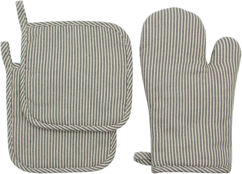 Set of 3 Cotton Oven Mitts and Pot Holders, Grey Stripes, Quilted Heat Resistant Kitchen Gloves