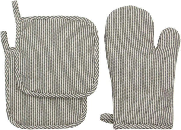 Set of 3 Cotton Oven Mitts and Pot Holders, Grey Stripes, Quilted Heat Resistant Kitchen Gloves