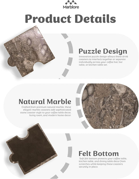 Set 4 Oceanic Stone Marble Drink Coasters of Square Coasters for Coffee Table Living Room Dining Table & Kitchen Decor