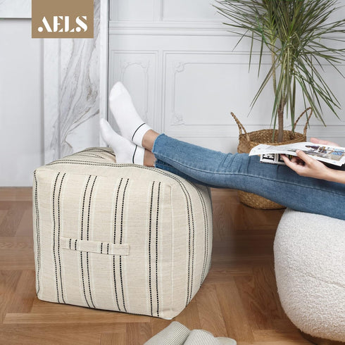 18"x18"x18", AELS Unstuffed Farmhouse Pouf Cover for Living Room, Boho Storage Bean Bag Cubes, Beige with Black Stitch