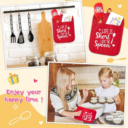 Baking Gift Pot Holder Set - R HORSE 3Pcs Red Pot Holder with Silicone Spatula, Heat Resistant Oven Mitts.