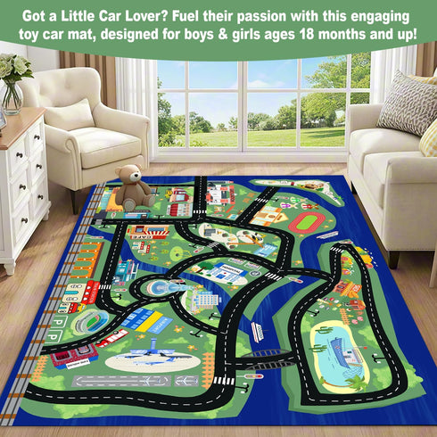 4'x6' Kids Car Rug Play Mat - City Road Map for Toy Cars, Non-Slip, Machine Washable, Educational Carpet for Playroom
