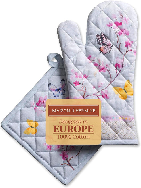 Maison d' Hermine Oven Mitt & Pot Holder Set - 100% Cotton, Heat Resistant BBQ Cooking Gloves (Blossoms In Spring)