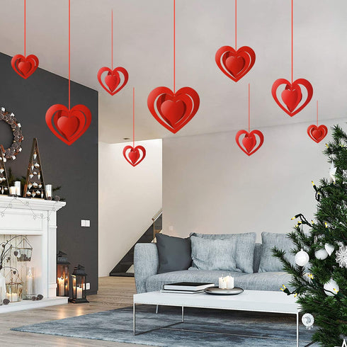15 Pieces Valentine's Day 3D Heart Hanging Decorations - Red Hearts Hanging Ornaments with Ribbons for Party Supplies