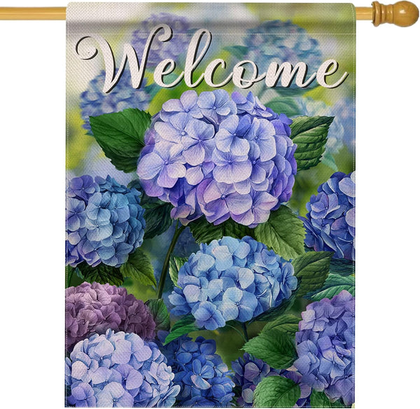 Welcome Spring Floral House Flag, Double Sided Hydrangea Decorative Garden Yard Outdoor Large Decor 28 x 40