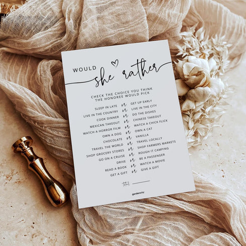50 50 Would She Rather Bridal Shower Game Cards, Baby Shower Games, Guests, Minimalist White
