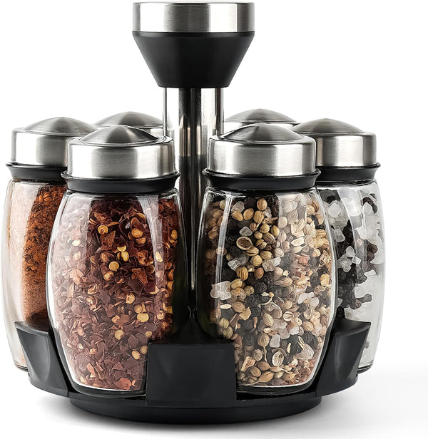 Mlici 6PC Spinning Glass Spice Jars, 360° Rotating Spice Rack Organizer with Stainless Steel Holder for Kitchen