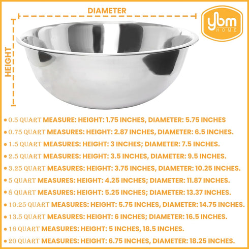 YBM HOME Stainless Steel Mixing Bowl - Premium Polished Mirror Nesting Bowl for Cooking and Serving, 10.25 Quart