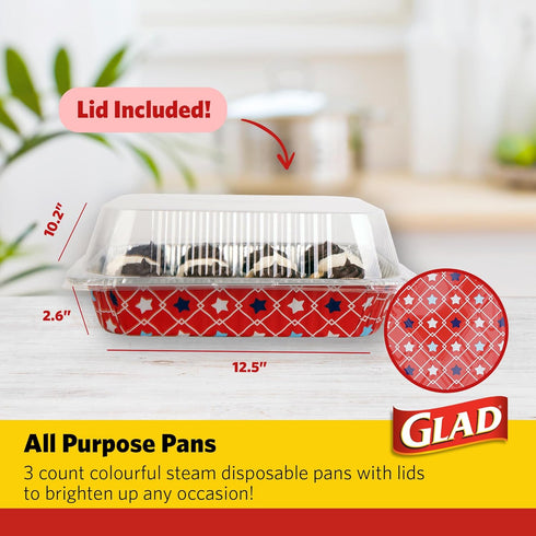 Glad Disposable Aluminum All Purpose Pans in Red, White & Blue Stars, 3ct with Lids - Printed Colorful Foil Steam Pans - 12.5” x 10.2” x 2.16” Aluminum Pan - Disposable Steamware by Glad