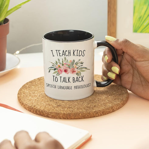 YouNique Designs I Teach Kids to Talk Back SLP Mug, 11 Ounces, Speech Language Pathology Coffee Cup for Women
