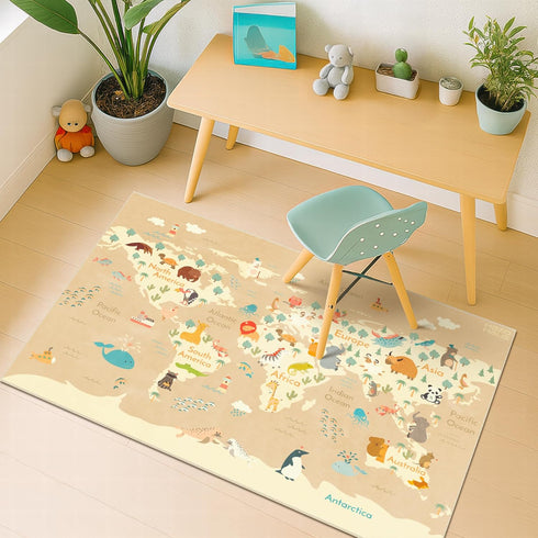 3x5 Hazo Haus Animal World Map Bedroom Rug for Kids Soft Educational Play Mat with Cute Animals by Continent, Washable