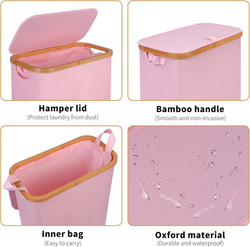 65L Dorm,17.17 iEGrow Slim Laundry Hamper, Narrow Laundry Basket with Lid,Foldable Clothes Hamper with Bamboo