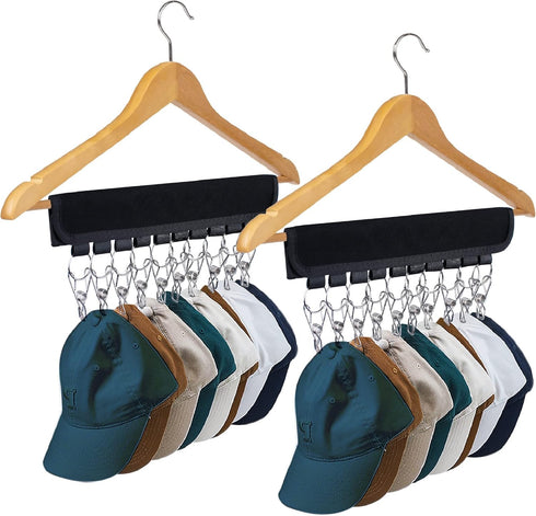 Hat Rack for Baseball Caps - Organizer Holder for Hanger & Room Closet Display, 2 Pack with 10 Hat Storage Clips (Black)