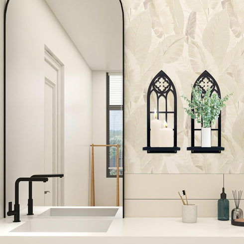 Natrlart Set Gothic Wall Sconces of Two Candle Holder, Black Metal Gothic Wall Decor, Arched Church Wall Sconces