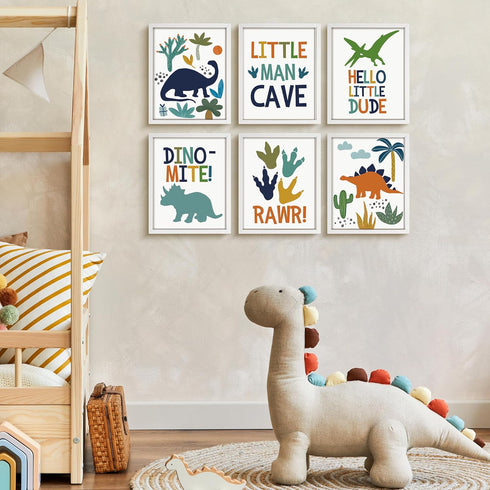 6 Pack 8x10 Inch, ArtbyHannah Dinosaur Nursery Decor,Framed Dinosaur Wall Art for Boys Room, Cute Baby Bedroom Wall