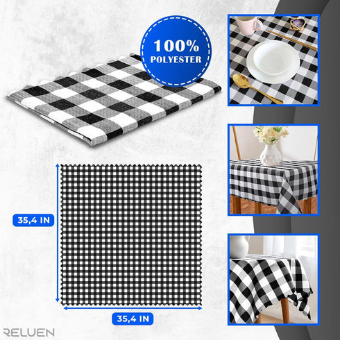 Buffalo Plaid Tablecloth 35 ? 35" - Black and White Checkered, Machine Washable Polyester, Waterproof, Durable for