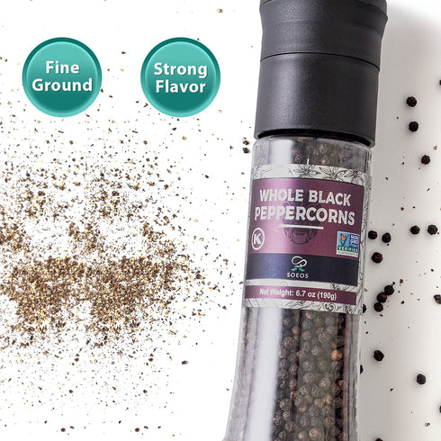 6.7oz (190g) 13.4oz (380g), Set. Soeos Whole Black Peppercorns, and Himalayan Pink Salt, Plastic Bottle Grinder