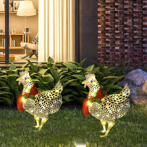 2 60 Shellwei Pcs Light up Chicken with Scarf Christmas Decoration Metal Chicken Ornaments with LED Lights Christmas