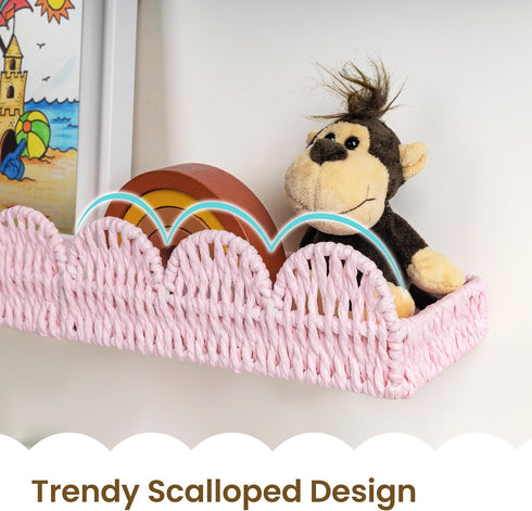 Set 3, AELS Scalloped Nursery Bookshelf, of Picture Ledge Shelf for Wall Decor, Woven Natural Fibre Floating Shelves