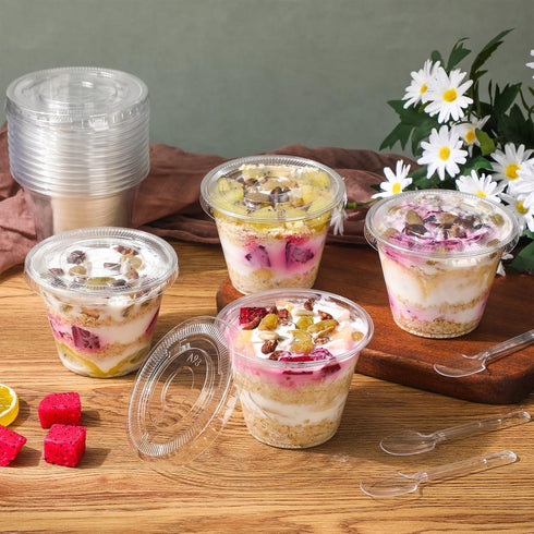 200 9 oz Sets, 100 Pack 100 Didaey Pcs Clear Plastic Parfait Cups with Flat Lids and Spoons Disposable Yogurt Parfait