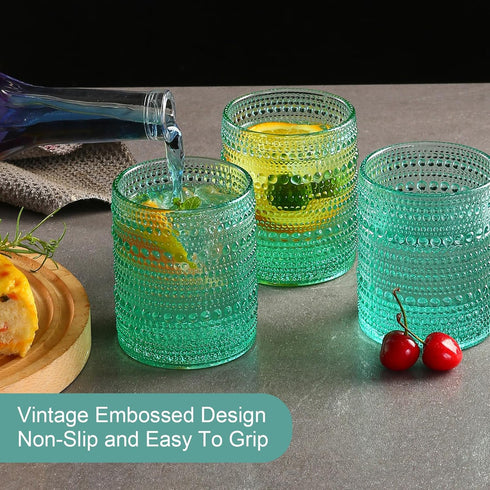 Vintage Glassware Drinking Glasses Set of 6, 12 oz Hobnail Glass Cups with 1 Cleaning Brush