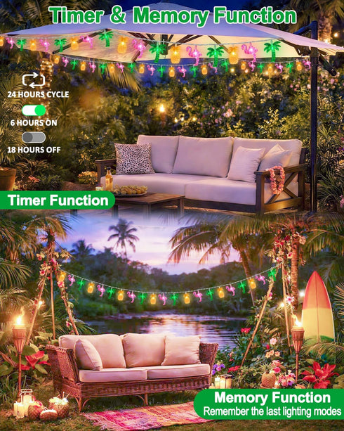 50 25ft Summer 8 LED Hawaiian Beach String Lights Outdoor with Remote, Flamingo Pineapple Palm Tree Fairy Twinkle