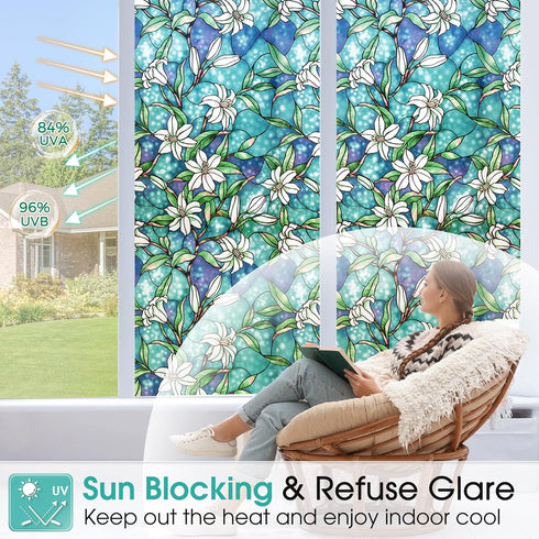 Coavas Decorative Window Privacy Film, Heat Control Sun Blocking Stained Glass Window Film, Floral Design Static Cling