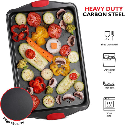 Baking Sheet Set, 3-Piece Cookie Sheet Set with Silicone Handles, Durable Nonstick Baking Pans for Oven