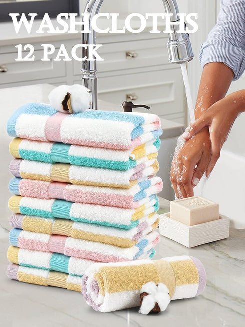 12 Pack 13 13 Inches, 3 Jacquotha Cotton Striped Washcloths, x Colors - Face and Body Cleansing Towels