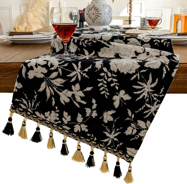 Floral Jacquard Dining Table Runner with Fringe Elegant Natural End Table Runner