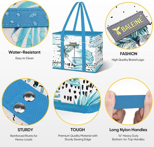 BALEINE 3Pk Reusable Grocery Bags, Foldable Shopping Bags for Groceries with Reinforced Bottom & Handles (Island