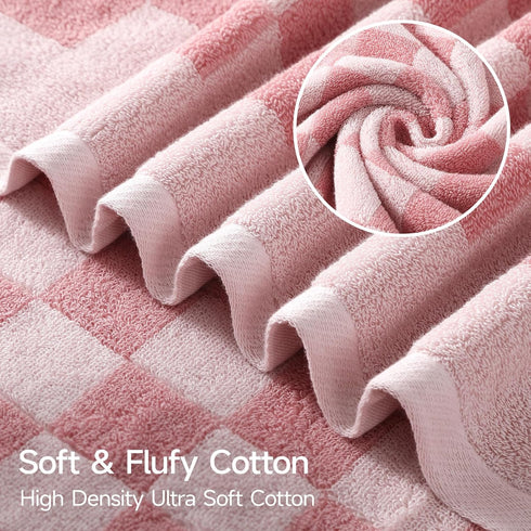 2 Set 27x55 600GSM REDKISS Piece Pink Checkered Bath Towels - Highly Absorbent Pink Cotton Towels for Bathroom