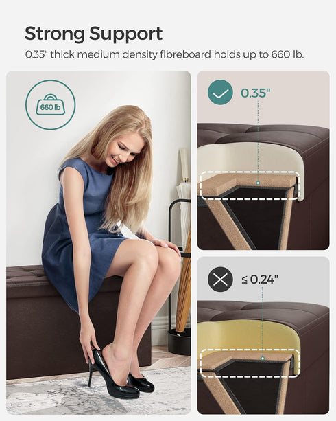 SONGMICS Folding Storage Ottoman Bench 30 Inches, Faux Leather, Brown, Footstool with Flipping Lid, ULSF45BR