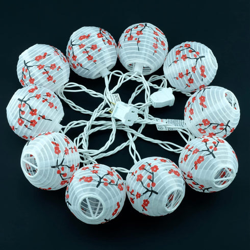 YULETIME Plum Blossom Lantern String Lights, 10 Count Nylon Lantern on 7.6' White Wire, UL Listed