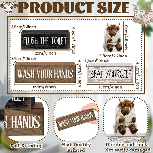 Moucuny 4 Set Pcs Highland Cow Bathroom Decor Funny Rustic Wooden Tiered Tray Signs with Highland Cow Toilet Figurine